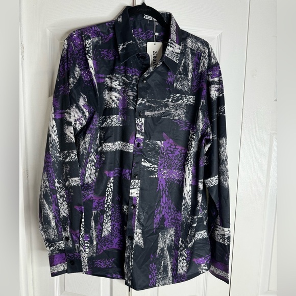 NWT Zeroyaa Shirt‎ Mens L Button Up Black Silver Purple Geometric Long Sleeve - Picture 1 of 3